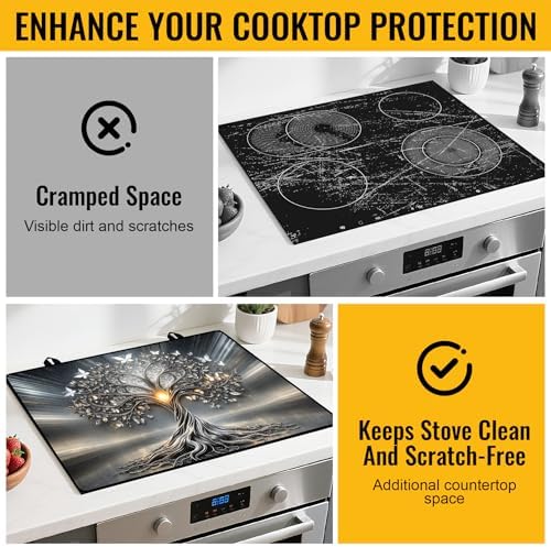 NYZE Extra Counter Space Stove Cover for Glass Top Stoves, 28" x 20" Decorative Silver Tree of Life with Butterflies Cooktop Protector, Durable Heat Resistant Mat Pad for Kitchen Organization - Image 4
