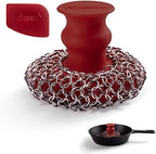 Cast Iron Chainmail Scrubber + Pan Scraper - Ergonomic Stainless and Silicone Cleaner for Pots and Skillets - Premium Food-Safe Design - Easy to Clean Dishwasher Safe Cookware Sponge Kitchen Accessory by Cuisinel