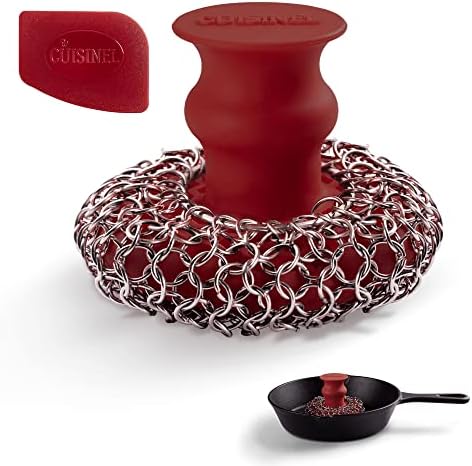 Cast Iron Chainmail Scrubber + Pan Scraper - Ergonomic Stainless and Silicone Cleaner for Pots and Skillets - Premium Food-Safe Design - Easy to Clean Dishwasher Safe Cookware Sponge Kitchen Accessory by Cuisinel