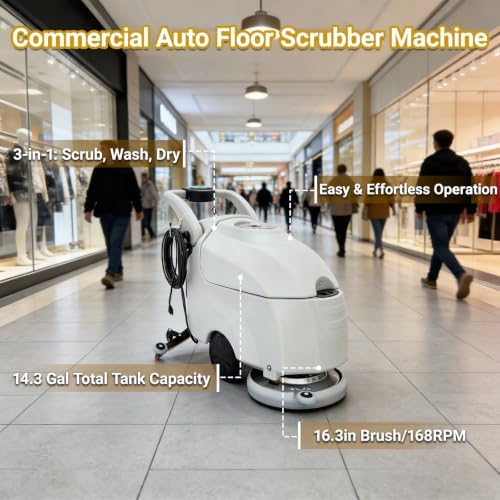 Commercial Auto Floor Scrubber Machine 16.3" Brush (168RPM) with 14.3 Gallon Dual Tanks, 3-in-1 Scrub/Wash/Dry, 1750m²/h Cleaning Rate, 59FT Cord for Malls/Hotels/Factories/Offices 110V - Image 2