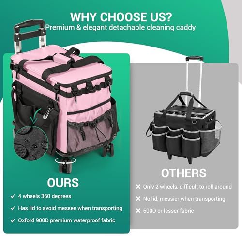 Rolling Cleaning Caddy Bag w/Detachable Trolley & Lid (Pink) - Image 3