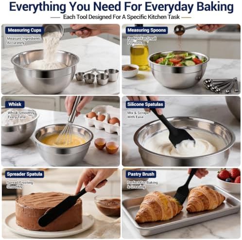 WEPSEN Mixing Bowls Set, 25PCS Stainless Steel Mixing Bowl with Lid Set, Large Nesting Bowls 7, 4.5, 3,2, 1.5QT, Measuring Cups and Spoons Baking Utensils Metal Bowl for Kitchen Prep - Image 5