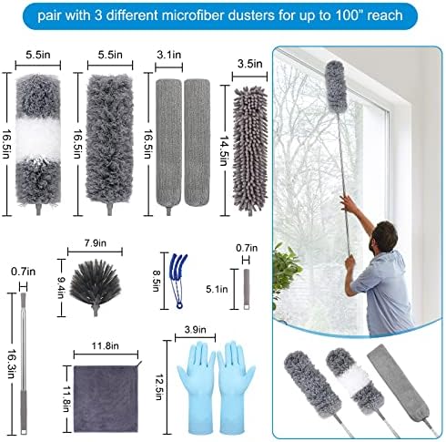 Microfiber Extendable Feather Duster (11pcs) with 100" Extension Pole, Washable Reusable Bendable Dusters for Cleaning Ceiling Fan, High Ceiling, TV, Blinds, Cars - Image 6