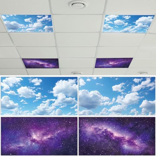 Wiooffen 4Pcs Fluorescent Light Covers for Classroom Ceiling Light 4x2Ft Magnetic Lights Covers Filter Easy Install for Office School Hospitals Ceiling Supply(Purple Starry Sky, White Cloud) by Wiooffen