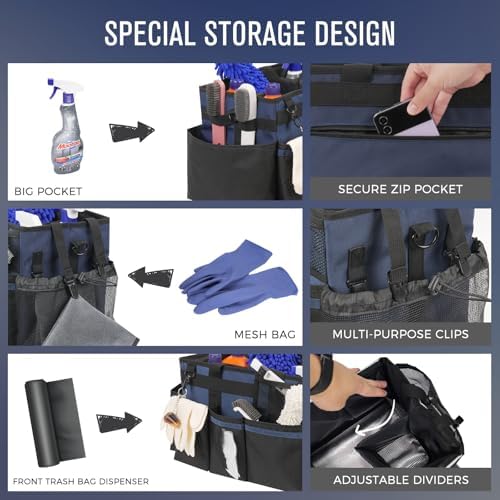 SCAVATA Wearable Cleaning Caddy, Cleaning Caddy Supplies Organizer with Handle & Shoulder Straps for Housekeepers, Under Sink & Car Cleaning Tool Organizers Bag with 4 Foldable Divider (NavyBlue) - Image 2
