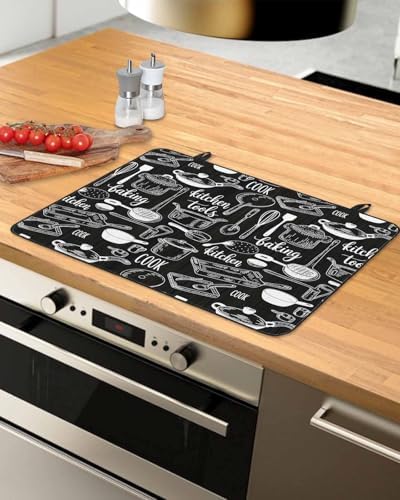 Black Kitchen Tools Stove Top Covers for Electric Stove, Modern Cooking Utensil Induction Cooktop Cover Protector, Farmhouse Cookware Range Mat for Glass Top Stove, Kitchen Dish Drying Mat, 24"x21" - Image 3