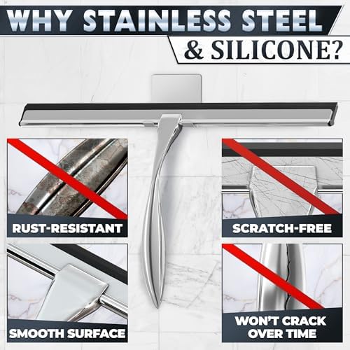 Stainless Steel Shower Squeegee, Glass, Silicone, 14 Inch (Silver) - Image 3