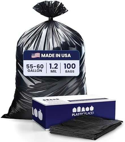 Plasticplace 55-60 Gallon Trash Bags, 1.2 Mil Heavy Duty Contractor Garbage Bags, Black Tear-Resistant Bags for Construction, Yard Waste, Industrial Use, Large 38” x 58” (100 Count) by Plasticplace