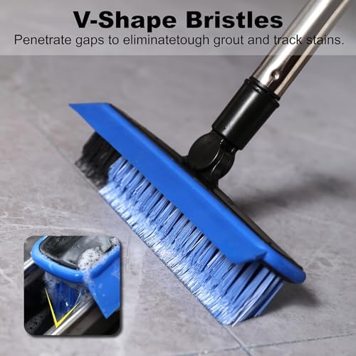 Grout Cleaner Brush with Long Handle, V-Shaped Floor Scrub Brush Swivel Grout Brush Stiff Bristle Floor Grout Scrubber for Bathroom, Tile Line, Crevice, Kitchen, Wall, Deck, Garage (Blue) - Image 3
