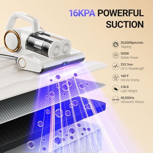 FEPPO Mattress Vacuum Cleaner, 16Kpa Bed Vacuum with 253.7nm UV-C Light - Image 2