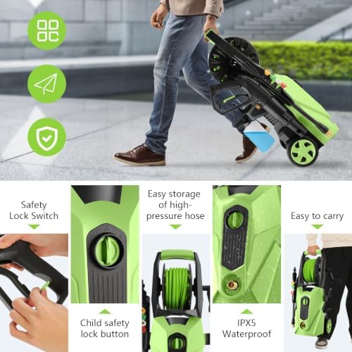 Electric Pressure Washer 5000 PSI High Power Washer with 33ft Hose Reel,4 Nozzles and Foam Cannon,Power Cleaners Machine for Home, Cars, Patio, Green - Image 4