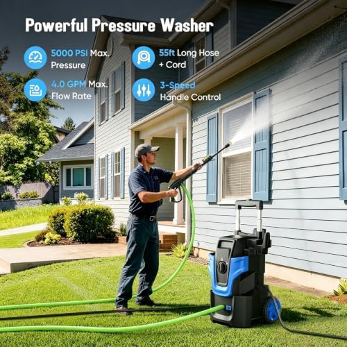 5000PSI Heavy Duty Pressure Washer, 3-Speed Adjustable Power Washer with 2-Stage Pull Rod, 4 Nozzles, 35FT GFCI Cord & 500ml Soap Bottle for Car, Home & Outdoor Cleaning,Blue - Image 6