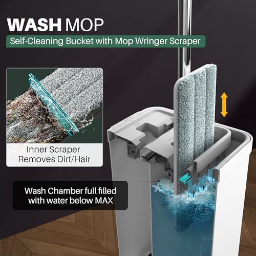 JOYMOOP Flat Mop System, Microfiber Mop and Bucket Set, White, Floor Cleaning for Home & Commercial Use, Wet Dry Mop for Hardwood Floors, Long Handle, Includes 5 Washable Pads - Image 2