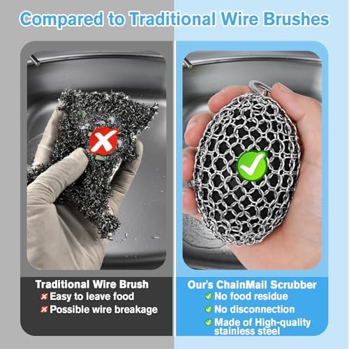 Cast Iron Scrubber Chainmail Set – 316 Stainless Steel Dish Scrub Brush for Cast Iron Skillet Pan Cleaner, Dutch Oven, Wok & Non-Stick Cookware | Dishwasher Safe – 2Pack - Image 5