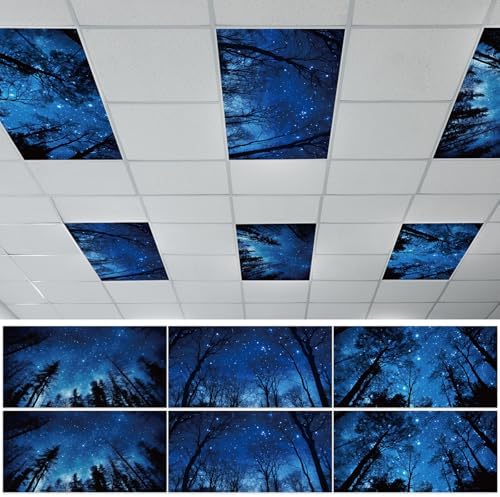 6 Pcs Night Sky Fluorescent Light Covers for Classroom Black Trees Theme Ceiling Lights 4 x 2 Feet Magnetic Light Cover Filter Easy Install for Office Hospitals Home Supplies(Black Trees Sky) by Wiooffen