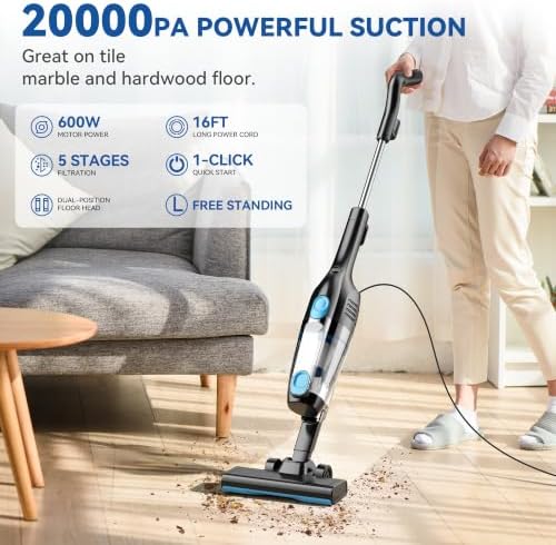 Vazone R6X Corded Stick Vacuum Cleaners for Home, 20Kpa Powerful Suction Stick Vacuum with 16Ft Cord, 2 in 1 Lightweight Handheld Vacuum Cleaner for Hardwood Floor Pet Hair (Indigo) - Image 2