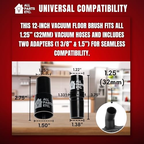 Vacuum Floor Brush Attachment, 12 Inch Brush for 1.25” Vacuum Accessories with Two Adapters for 1 3/8” & 1.5" Compatibility with Shop Vac, Shark, Miele, Bissell, Nutone, & Central Vacs - Image 5