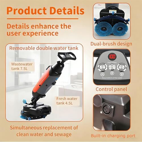 Commercial Floor Buffer Polisher Machine, Electric Floor Scrubber with Double Brushes, 360° Rotating Head, 17” Cleaning Width, Powerful Deep-Cleaning Grey - Image 5