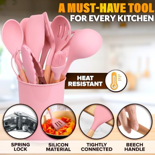 Kitchen Utensils Set with Holder for Nonstick Cookware - 12 Pcs Pink Silicone Cooking Utensils Set, Kitchen Tools for Daily Cooking - Wooden Handle Cooking Tools for Baking Serving and Mixing Tasks - Image 3