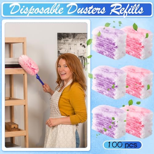 Vesici 100 Pcs Duster Refills Compatible with Swiffer Dusters Bulk Disposable Replacement Thickened with 1 Handle Heavy Duty for Cleaning, Office (Purple and Pink) - Image 4