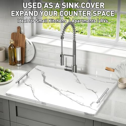 Noodle Board Stove Cover with Handles, Stove Top Covers for Gas Burners and Electric Stove, Wood Stove Cover Board Decorative Serving Tray Kitchen Sink Cover for Counter Space (White Marble) - Image 6