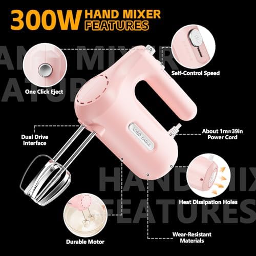 Lord Eagle 5-Speed Small Hand Mixer Electric, 300W Compact Portable, Pink - Image 7