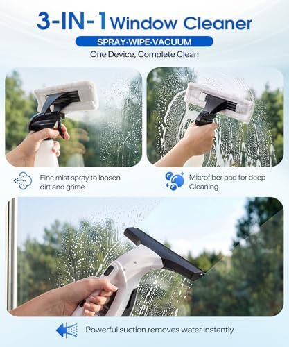 Window Vacuum Squeegee Cordless, 3-in-1 Electric Window Cleaner Tool with Spray & Microfiber Pad, Streak-Free 2200Pa Suction for Glass, Shower Doors, Mirrors, Tiles and Car Windows - Image 2