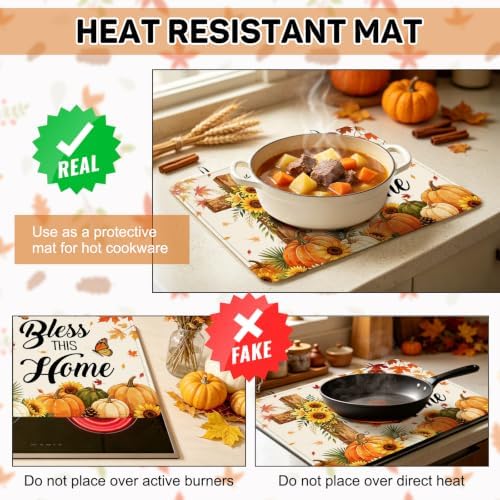 Bless This Home Stove Top Cover for Electric Stove 28" x 20", Christian Cross Glass Cooktop Protector, Sunflower Pumpkin Stove Cover, Rubber Countertop Mat, Thanksgiving Farmhouse Kitchen Decor - Image 6