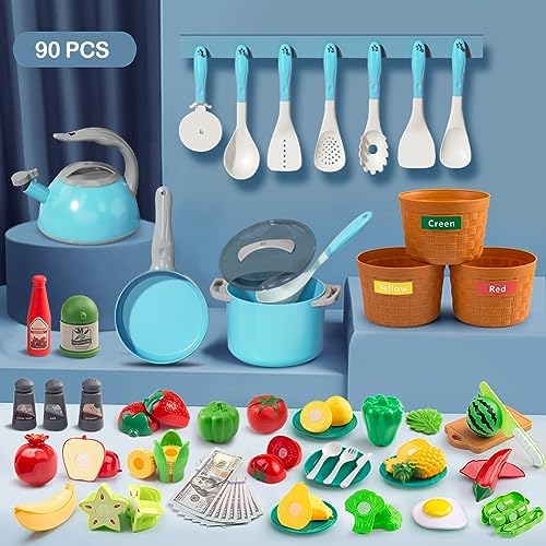 90Pcs Kitchen Playset Accessories, Pretend Cooking with Pots, Pans, Cookware, Food, Fruit, Veges, Color Sorting Baskets, Prop Money, Learning Gift for Girls Boys Toddlers (Turquoise) - Image 2