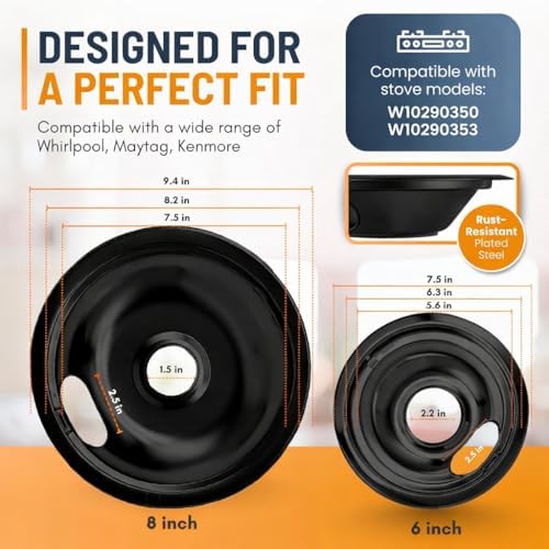 Electric Stove Drip Pans Set of 4 (2 x 6-Inch & 2 x 8-Inch) Stove Drip Pans for Electric Stove for Whirlpool, Maytag, KitchenAid & More – Compatible with W10290350 & W10290353 Stove Burner Drip Pan - Image 2