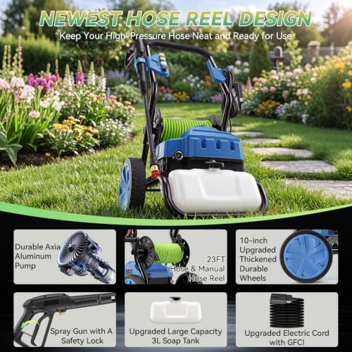 MAX 4800PSI 10" Wheels Electric Pressure Washer, 3L Foam Bottle Professional Electric Power Washer with 5 Nozzles 23FT Hose Reel, 2.8GPM Commercial/Household Pressure Washer Electric Powered, Blue - Image 2