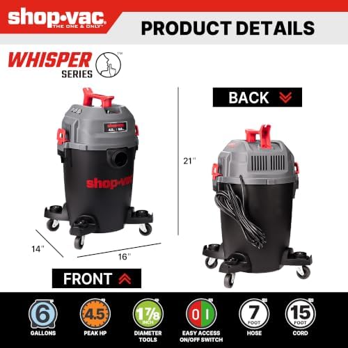 Shop-Vac 6 Gallon Ultra Quiet Shop Vacuum Wet and Dry, 4.5 Peak HP, 5430541 - Image 3