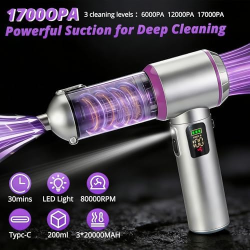 Cordless Handheld Vacuum with 17000Pa Suction, Portable Car Vacuum Cleaner for Pet Hair, Home & Desk, 3-Speed, LED Light, 4-in-1 Nozzles, Type-C Charging - Image 3