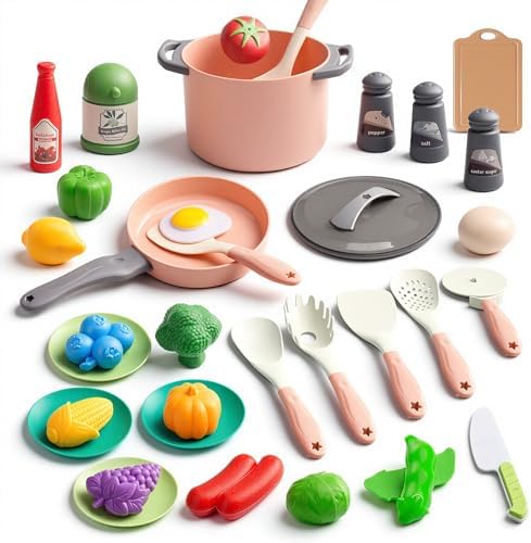 35Pcs Kids Kitchen Toy Accessories, Toddler Pretend Cooking Playset with Play Pots, Pans, Utensils, Cookware, Play Food Set, Toy Vegetables, Learning Gift for Girls & Boys (Pink) by JOKERKING