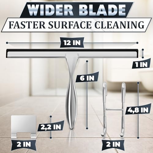 12 in Bathroom Squeegee for Shower Glass, Stainless Steel (Silver) - Image 2
