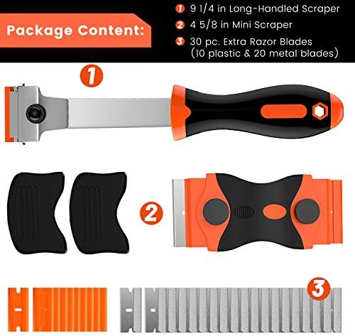 DEKEones Razor Blade Scraper, 2 PCS Razor Scraper Tool for Removing Label, Registration Sticker, Tint, Grease from Windshield, Appliance, Glass (Extra 20 Metal and 10 Plastic Blades) - Image 2