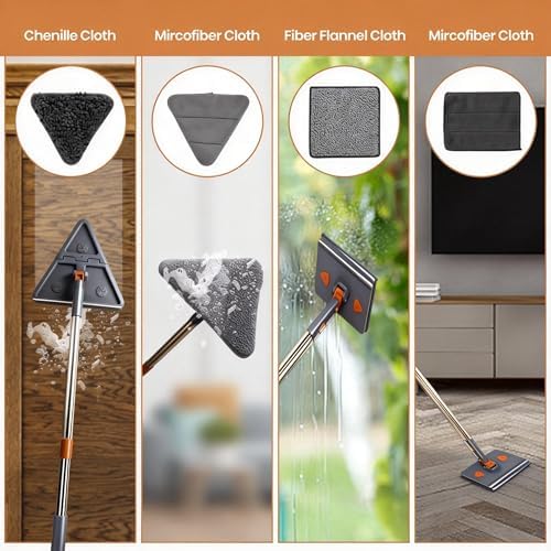 85'' Wall & Ceiling Mop with Long Handle, Wall and Baseboard Cleaner Tool, 2 Mop Heads (Triangle Corner + Square), 8 Reusable Washable Pads (Chenille/Microfiber/Scrub) for Shower Walls, Tile, Floors - Image 3