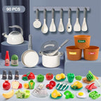 90Pcs Kitchen Playset Accessories, Pretend Cooking with Pots, Pans, Cookware, Food, Fruit, Veges, Color Sorting Baskets, Prop Money, Learning Gift for Girls Boys Toddlers (White) - Image 2