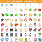 150Pcs Kitchen Playset, Toddlers Pretend Cooking Cookware Accessories, Food, Picnic Blanket, Fruits, Veges, 2Pack Shopping Storage Basket, Dessert and Prop Money, Gift for Kids (Blue) - Image 3