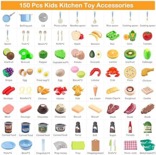 150Pcs Kitchen Playset, Toddlers Pretend Cooking Cookware Accessories, Food, Picnic Blanket, Fruits, Veges, 2Pack Shopping Storage Basket, Dessert and Prop Money, Gift for Kids (Blue) - Image 3