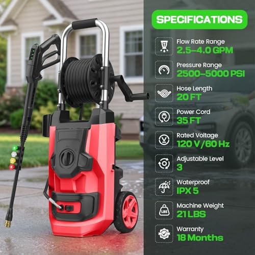 2026 New 5000 PSI Electirc Pressure Washer with 3 Levels Adjustable Pressure Gun, 4 Nozzles and Foam Cannon, Heavy Duty Power Washer for Home/Car/Fence/Garden, 20FT Hose+35FT Cord, Red - Image 3