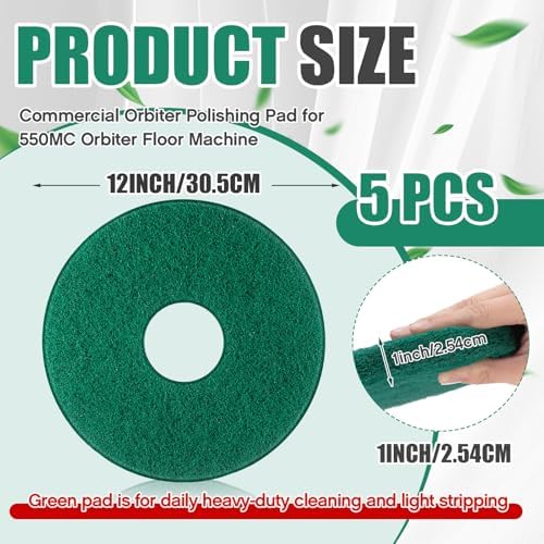 Teenyyou 5 Pcs 12" Cleaning Orbiter Pads Commercial Floor Buffer Pads Hardwood Floor Maintenance Scrubber Polisher Cleaning and Stripping for Orbiter Machine (Green) - Image 2