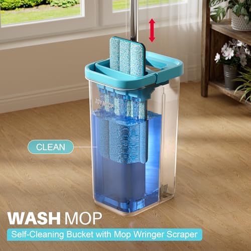 JOYMOOP Mop and Bucket Set with Wringer, with 3 Reusable Microfiber Mop Pads, Mops for Floor Cleaning and Wall Cleaning, Hands-Free Flat Mop for Home Use - Grey+Cyan Blue - Image 2