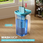 JOYMOOP Mop and Bucket Set with Wringer, with 5 Reusable Microfiber Mop Pads, Mops for Floor Cleaning and Wall Cleaning, Hands-Free Flat Mop for Home Use - Grey+Cyan Blue - Image 2