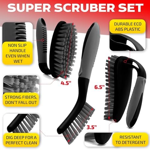 Scrub Brush Set of 6 pcs - Cleaning Shower Scrubbers with Squeegee for Shower Glass and Adhesive Wall Hooks Including Grout Cleaner Brush, Scrub Brushes for Cleaning Bathroom, Shower, Tile, Bathtub - Image 2