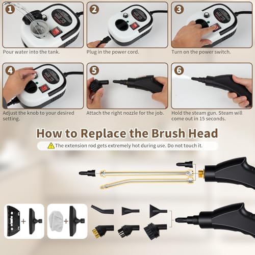 Steam Cleaner Handheld High Pressure, Portable High Power Steam Cleaner, Handheld Steam Cleaner Cleaning Grout With Large Water Tank & 18 Accessories For Car Floor Black - Image 6