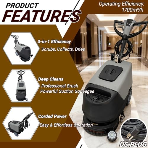 Commercial Walk Behind Floor Scrubber 17" Brush (173RPM) with 13.2 Gallons Dual Tanks, Auto Floor Scrubber Machine for Malls/Hotels/Factories/Offices, Instant Dry/ 1700m²/h Efficiency 110V - Image 3
