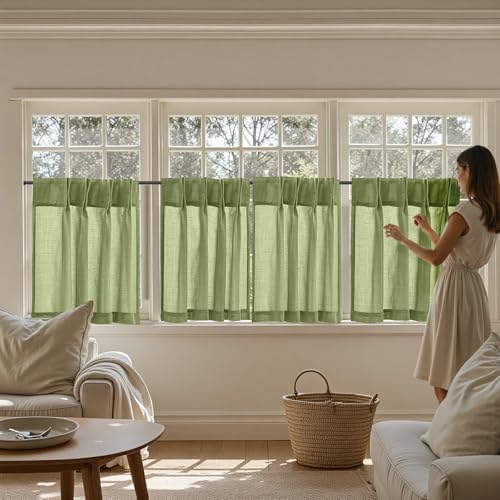 jinchan Linen Pinch Pleated Back Tab Tier Curtains, 26x30, Green - Image 7
