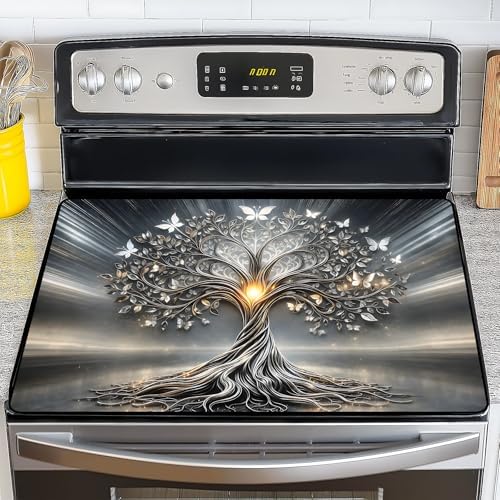 NYZE Extra Counter Space Stove Cover for Glass Top Stoves, 28" x 20" Decorative Silver Tree of Life with Butterflies Cooktop Protector, Durable Heat Resistant Mat Pad for Kitchen Organization by GIVEYOUTHEBEST