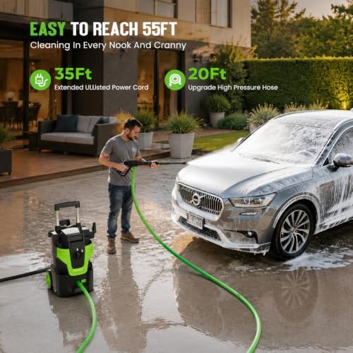 5000PSI Heavy Duty Pressure Washer, 3-Speed Adjustable Power Washer with 2-Stage Pull Rod, 4 Nozzles, 35FT GFCI Cord & 500ml Soap Bottle for Car, Home & Outdoor Cleaning,Green - Image 2